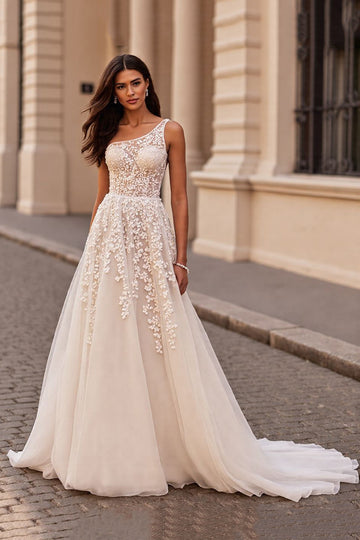One Shoulder Ivory A Line Wedding Dress with Appliques